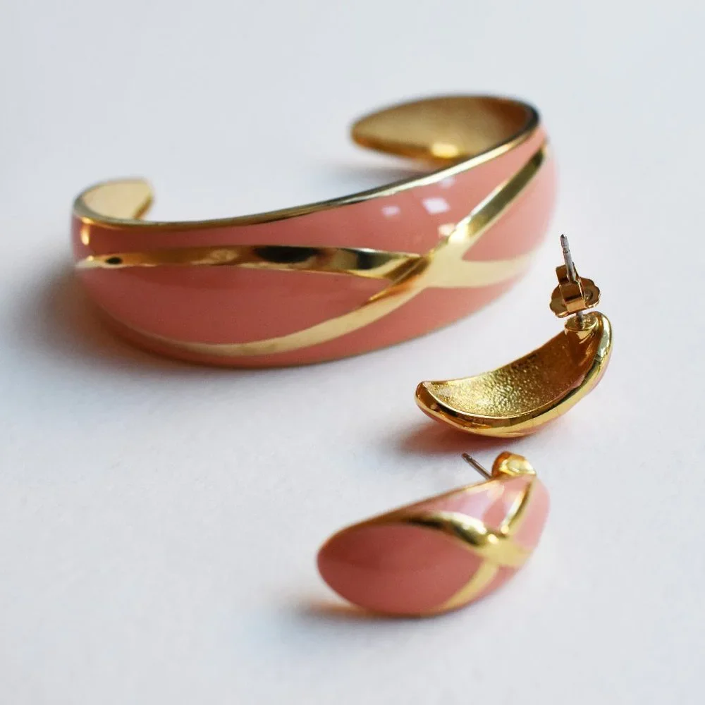 Blush orange enamel stud earrings, cuff bangle bracelet, gold summer jewelry set